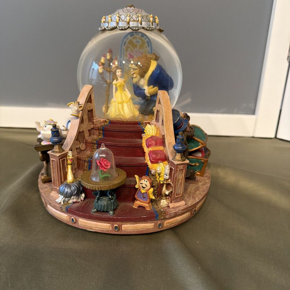 VTG 1991 Disney Beauty and the Beast Staircase Musical Snow Globe - LIGHTS WORK